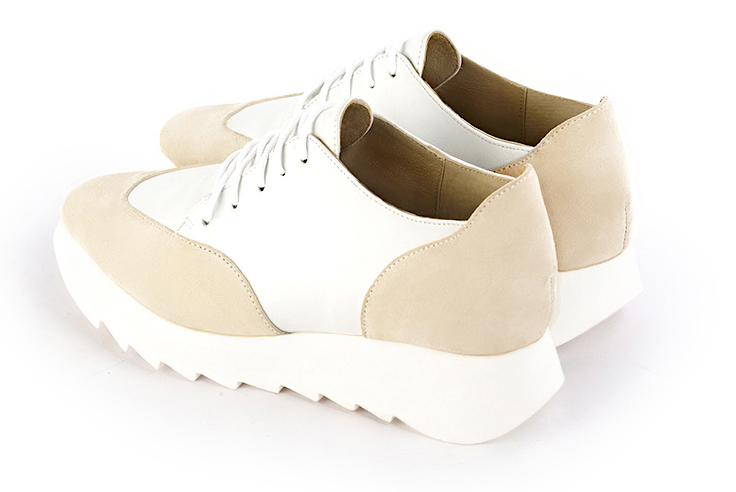 Champagne beige and off white women's casual lace-up shoes. Square toe. Low rubber soles. Rear view - Florence KOOIJMAN